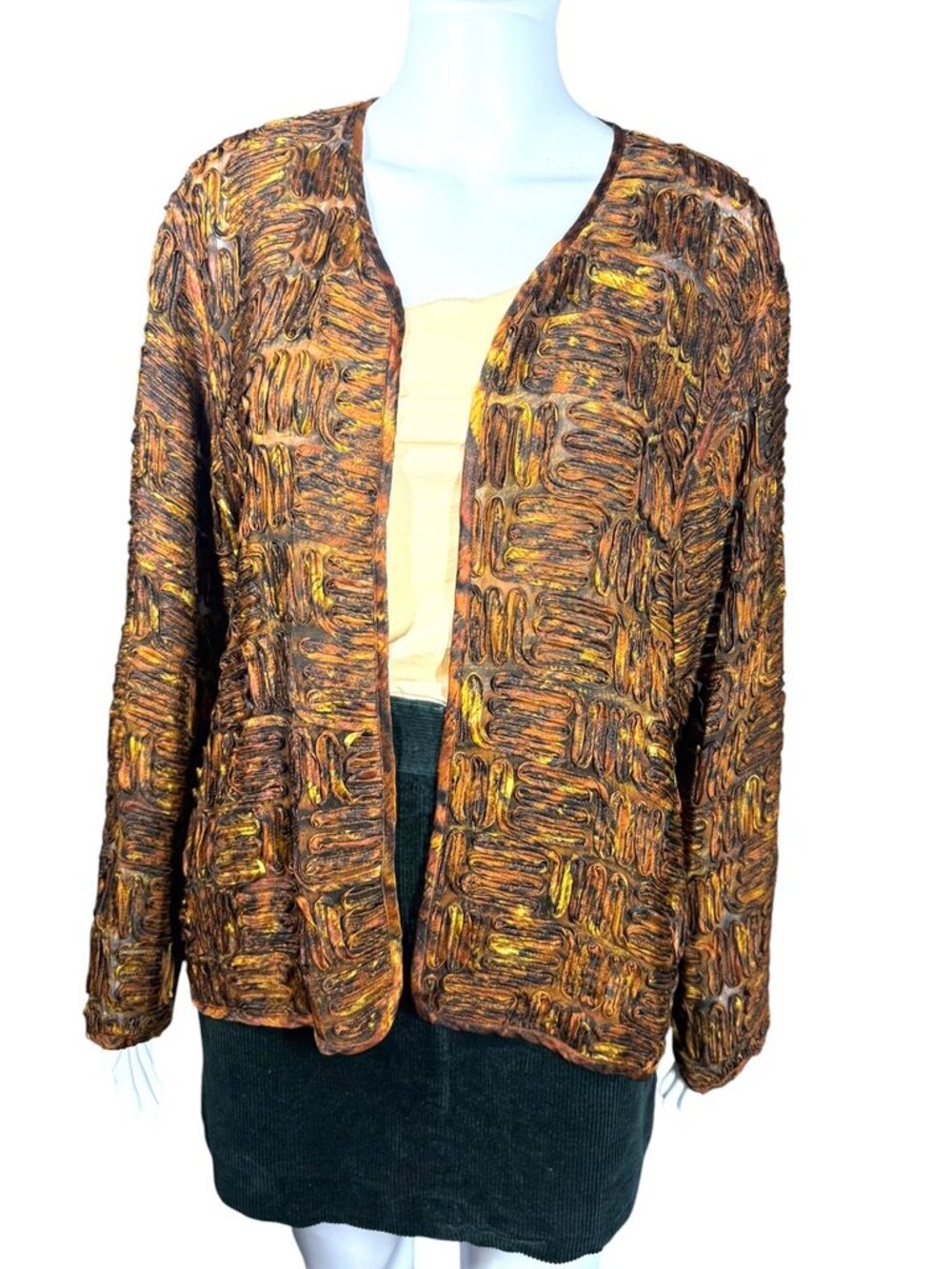 Vintage 90s Chico's Silk Textured Brown Semi Sheer Open Cardigan Jacket Medium